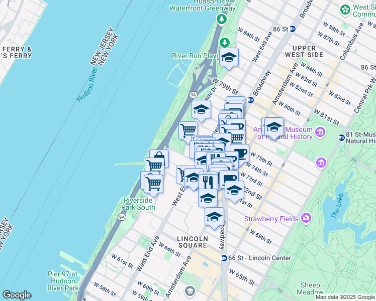 map of restaurants, bars, coffee shops, grocery stores, and more near 3 Riverside Drive in New York
