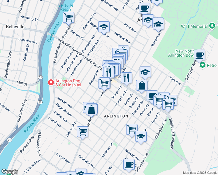 map of restaurants, bars, coffee shops, grocery stores, and more near 840 Kearny Avenue in Kearny