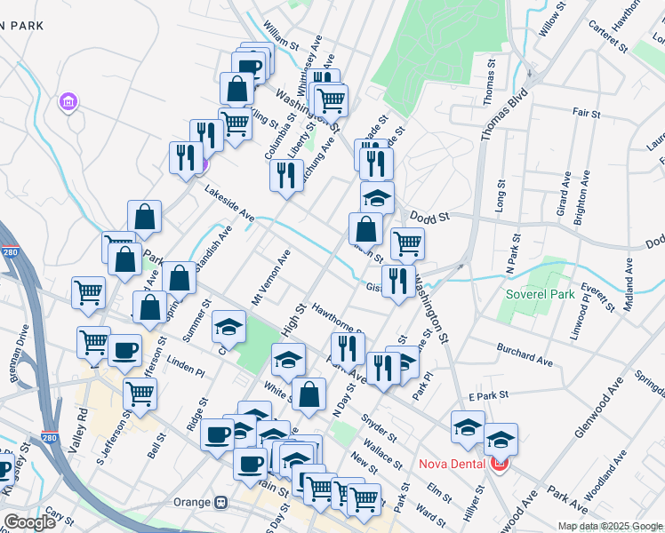 map of restaurants, bars, coffee shops, grocery stores, and more near 391 Lakeside Avenue in City of Orange