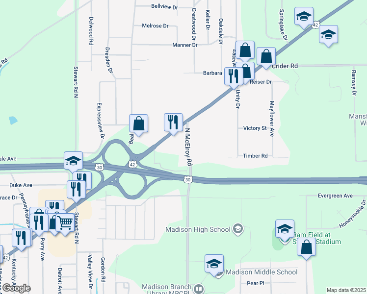 map of restaurants, bars, coffee shops, grocery stores, and more near 813 North McElroy Road in Mansfield