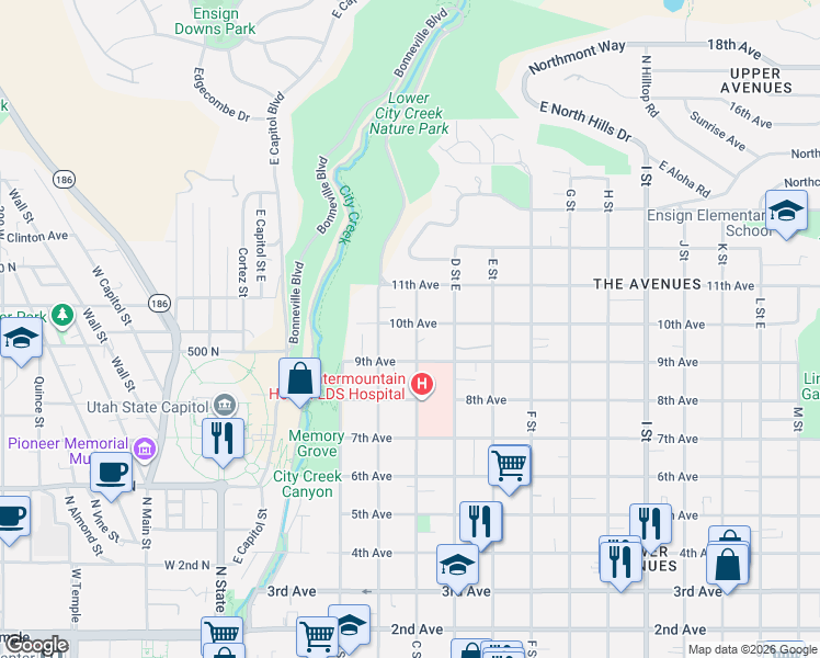map of restaurants, bars, coffee shops, grocery stores, and more near 310 10th Avenue in Salt Lake City