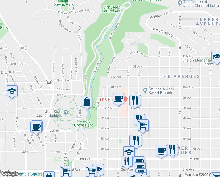 map of restaurants, bars, coffee shops, grocery stores, and more near 482 B Street East in Salt Lake City
