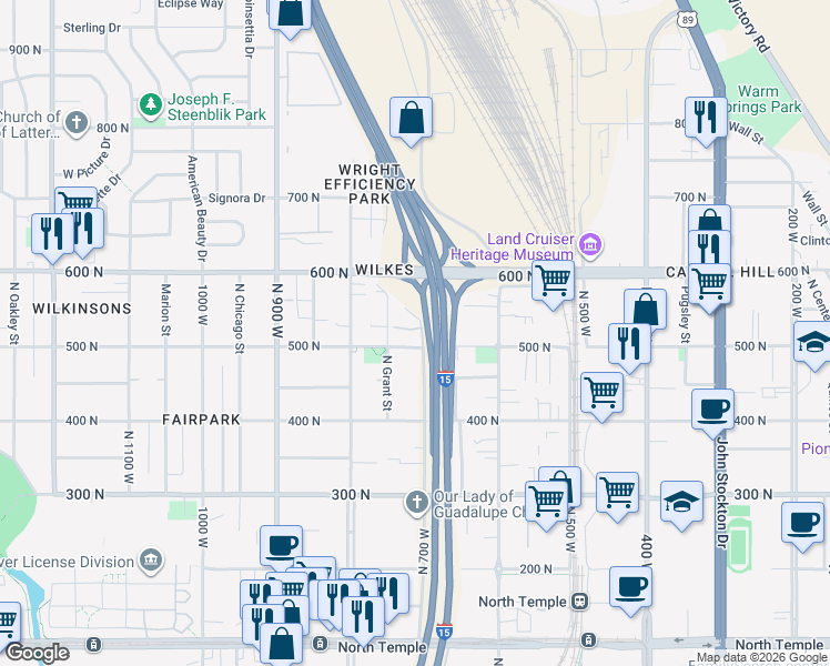 map of restaurants, bars, coffee shops, grocery stores, and more near 714 500 North in Salt Lake City