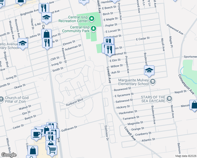map of restaurants, bars, coffee shops, grocery stores, and more near 56 Weatherby Lane in Central Islip