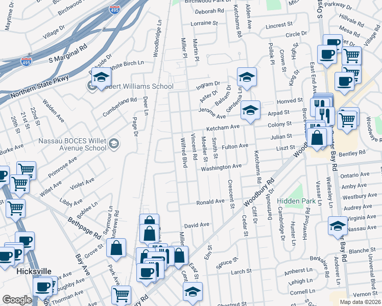 map of restaurants, bars, coffee shops, grocery stores, and more near 113 Wilfred Boulevard in Hicksville