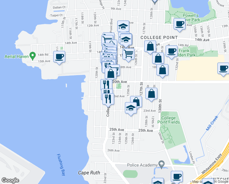 map of restaurants, bars, coffee shops, grocery stores, and more near 21-07 123rd Street in Queens