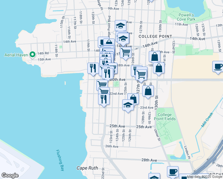 map of restaurants, bars, coffee shops, grocery stores, and more near 21-07 123rd Street in Queens