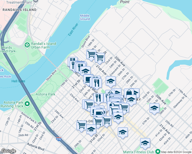 map of restaurants, bars, coffee shops, grocery stores, and more near 21-36 24th Street in Queens