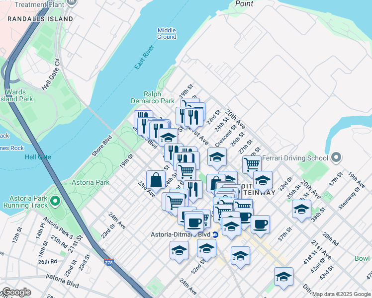 map of restaurants, bars, coffee shops, grocery stores, and more near 21-36 24th Street in Queens