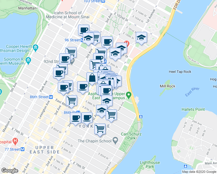 map of restaurants, bars, coffee shops, grocery stores, and more near in New York