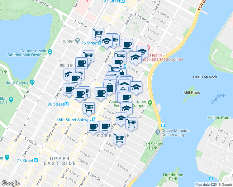 map of restaurants, bars, coffee shops, grocery stores, and more near 316 East 91st Street in New York