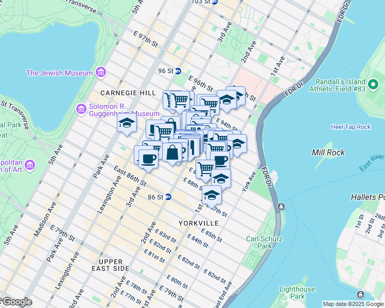 map of restaurants, bars, coffee shops, grocery stores, and more near 1718 2nd Avenue in New York