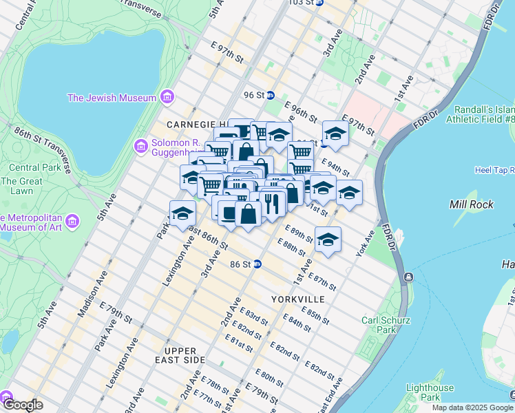 map of restaurants, bars, coffee shops, grocery stores, and more near 232 East 90th Street in New York