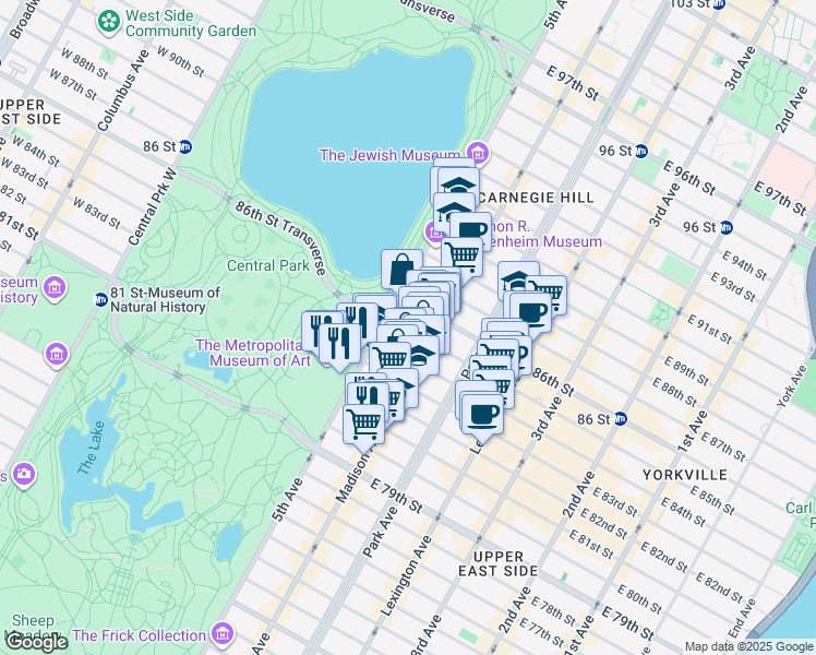 map of restaurants, bars, coffee shops, grocery stores, and more near 1035 Museum Mile in New York
