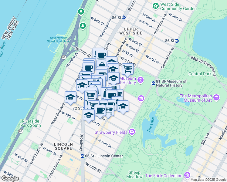 map of restaurants, bars, coffee shops, grocery stores, and more near 141 West 77th Street in New York
