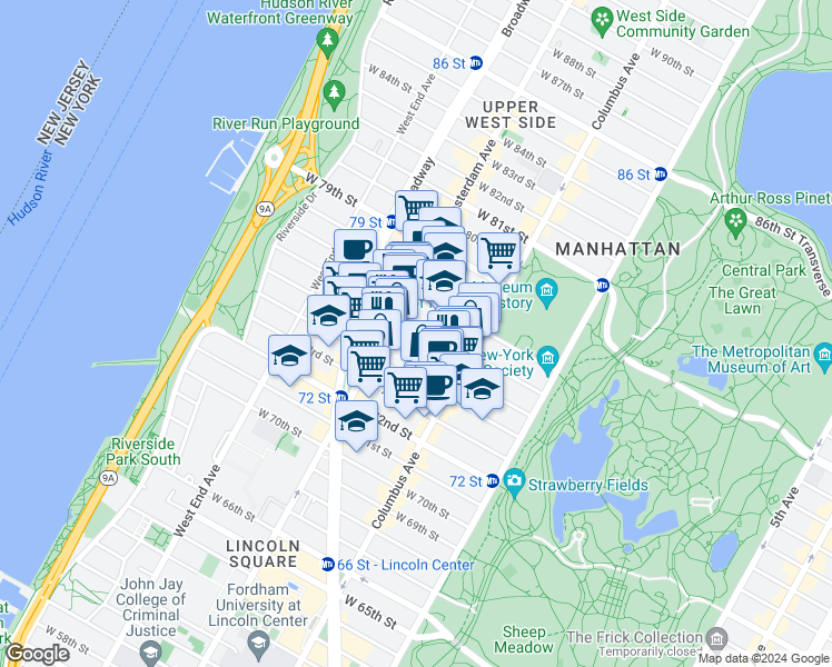 map of restaurants, bars, coffee shops, grocery stores, and more near 141 West 77th Street in New York