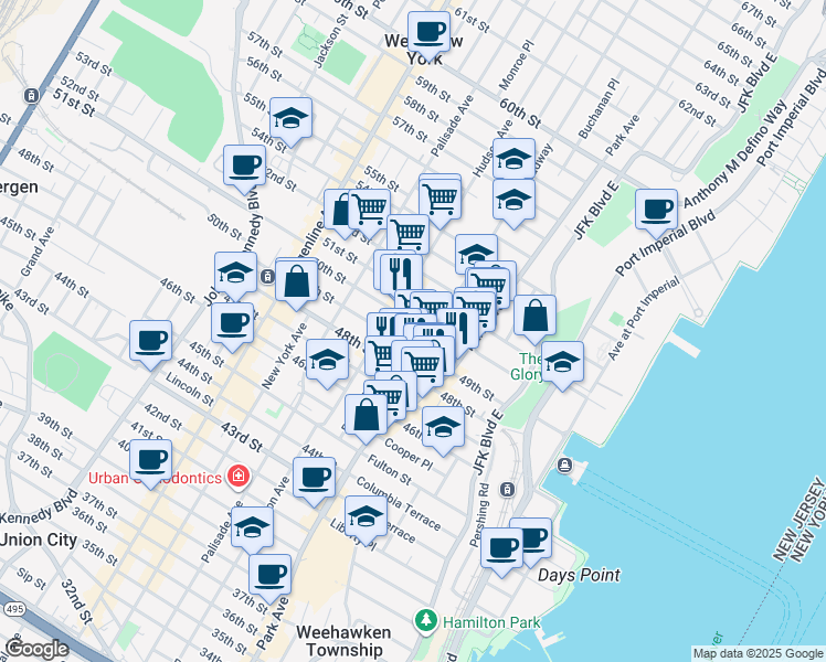 map of restaurants, bars, coffee shops, grocery stores, and more near 4915 Broadway in West New York
