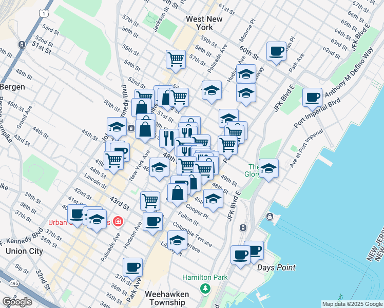 map of restaurants, bars, coffee shops, grocery stores, and more near 149-51 49th Street in Union City