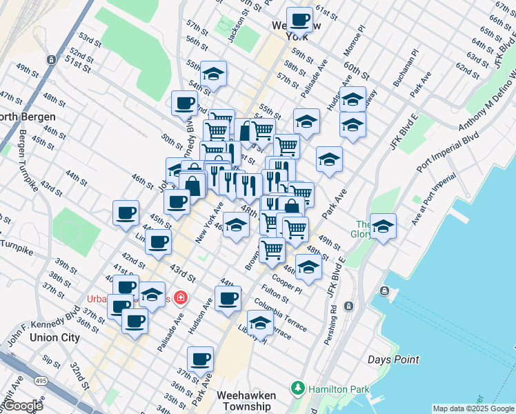map of restaurants, bars, coffee shops, grocery stores, and more near 218 48th Street in Union City