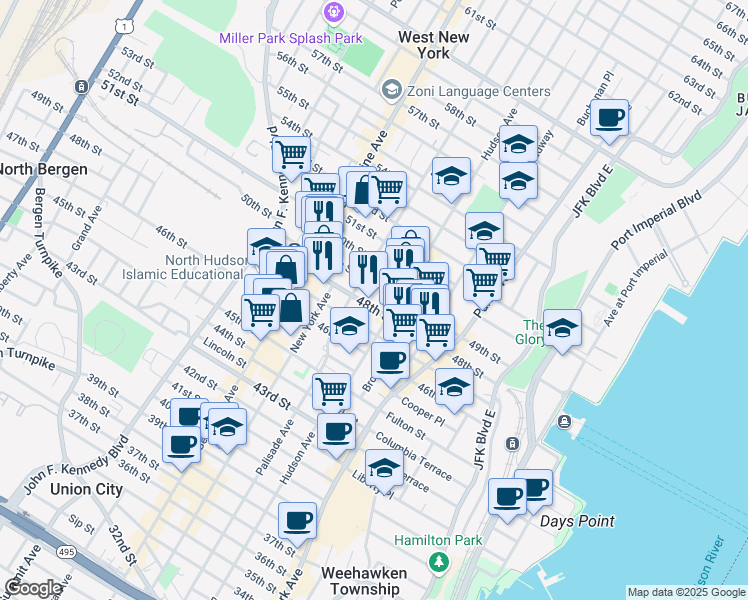 map of restaurants, bars, coffee shops, grocery stores, and more near 218 48th Street in Union City