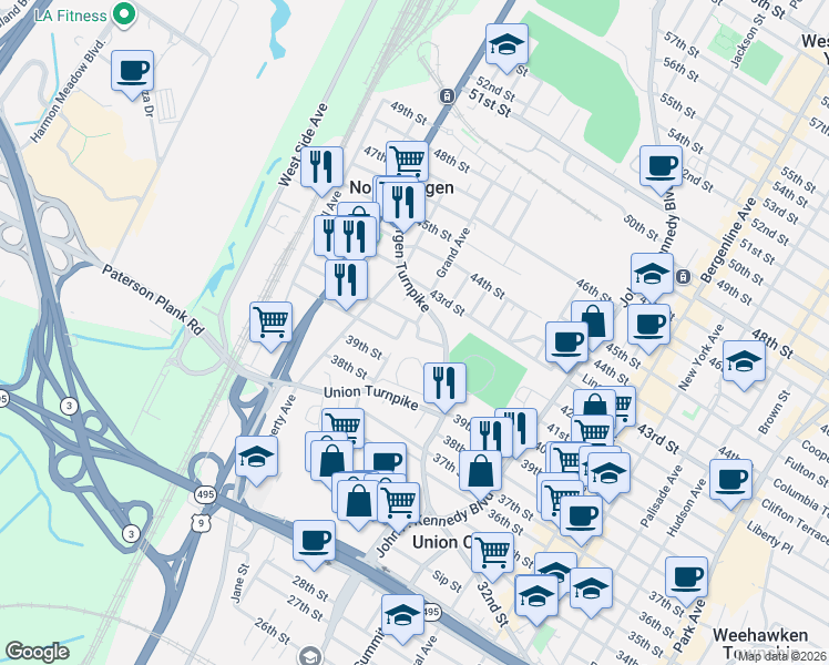 map of restaurants, bars, coffee shops, grocery stores, and more near 4008 Gehr Place in North Bergen