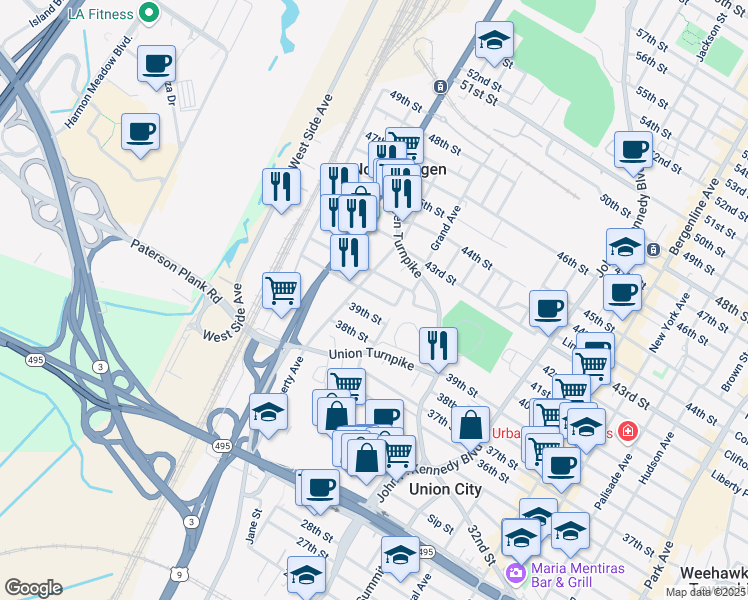 map of restaurants, bars, coffee shops, grocery stores, and more near 1517 40th Street in North Bergen
