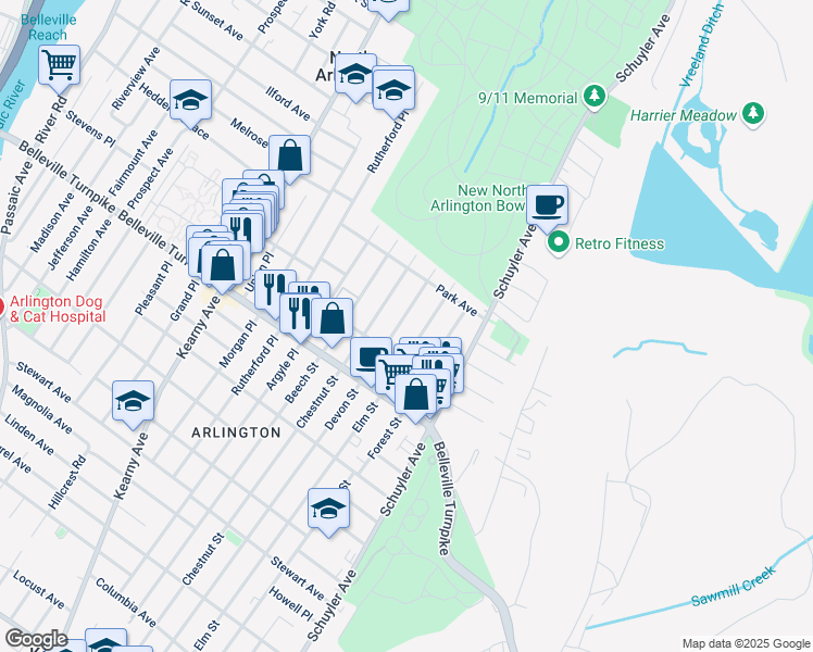 map of restaurants, bars, coffee shops, grocery stores, and more near 52 Devon Street in North Arlington