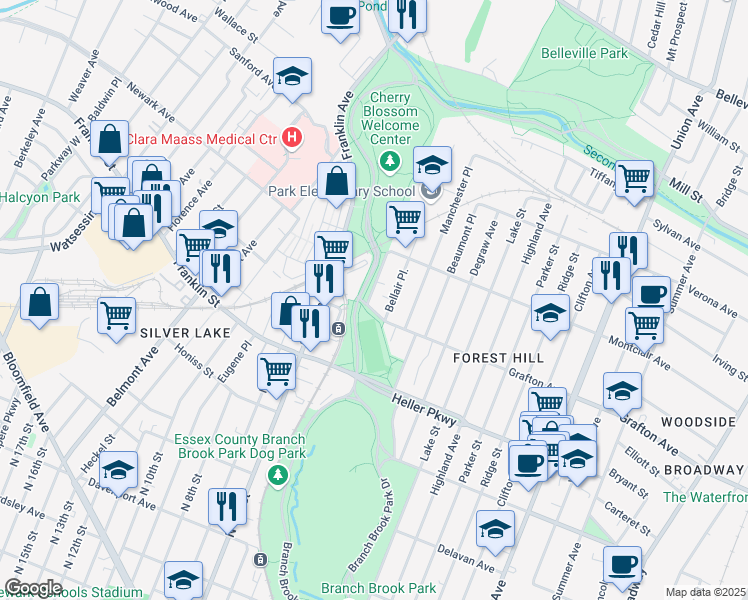 map of restaurants, bars, coffee shops, grocery stores, and more near 347 Grafton Avenue in Newark