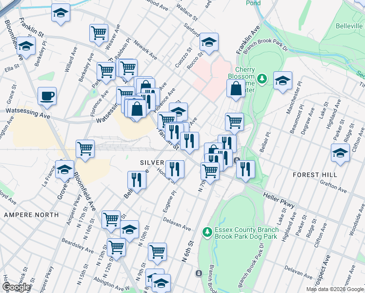 map of restaurants, bars, coffee shops, grocery stores, and more near 9 Watchung Avenue in Belleville