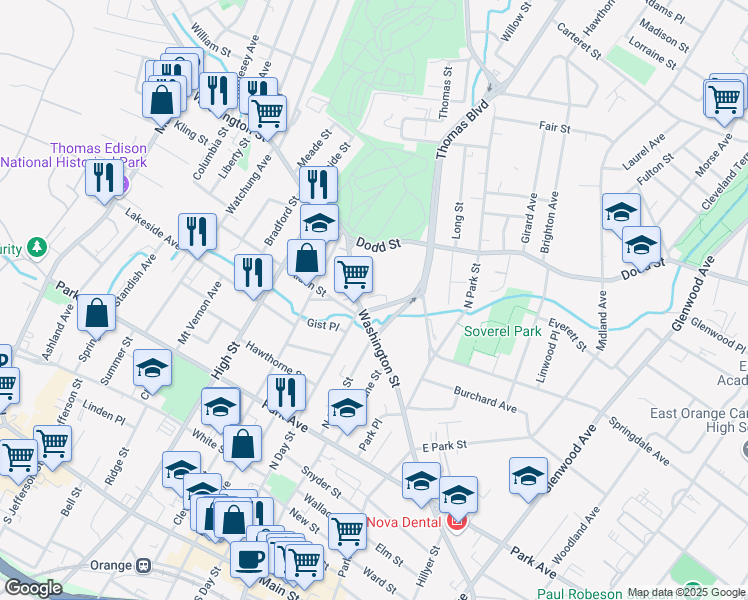 map of restaurants, bars, coffee shops, grocery stores, and more near 307 Washington Street in City of Orange