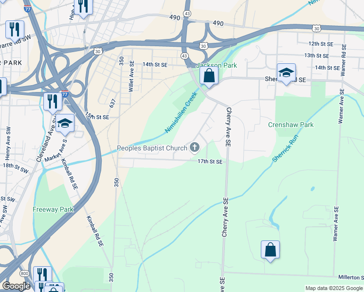 map of restaurants, bars, coffee shops, grocery stores, and more near 634 17th Street Southeast in Canton