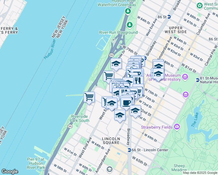 map of restaurants, bars, coffee shops, grocery stores, and more near 3 Riverside Drive in New York