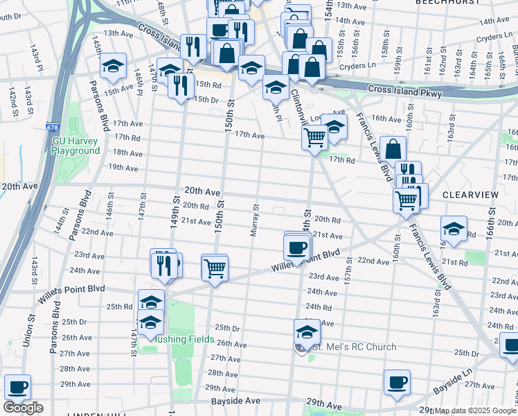 map of restaurants, bars, coffee shops, grocery stores, and more near 151-01 20th Road in Queens