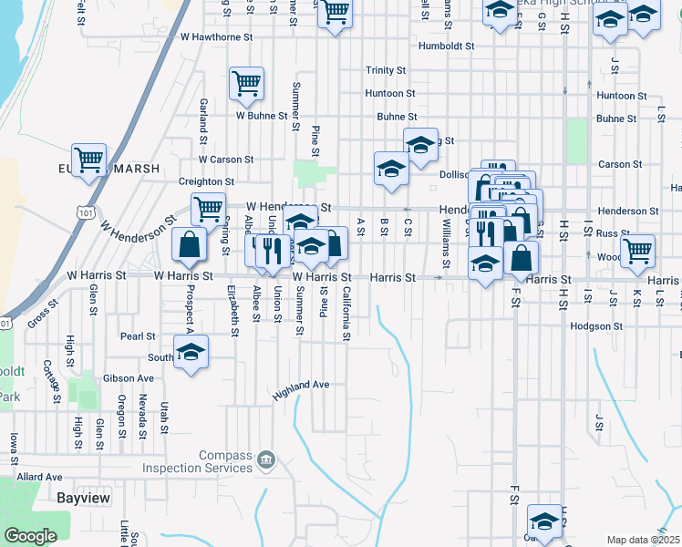 map of restaurants, bars, coffee shops, grocery stores, and more near 2969 California Street in Eureka