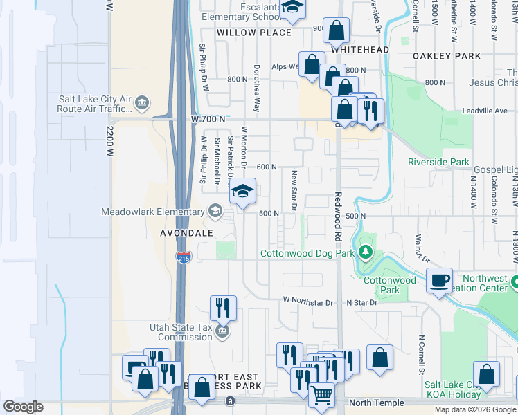 map of restaurants, bars, coffee shops, grocery stores, and more near 1860 West 500 North in Salt Lake City