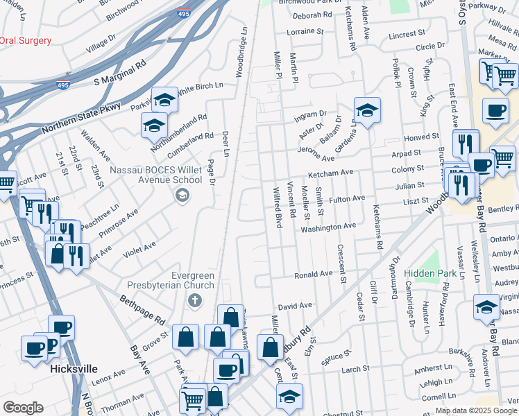 map of restaurants, bars, coffee shops, grocery stores, and more near 114 Miller Road in Hicksville