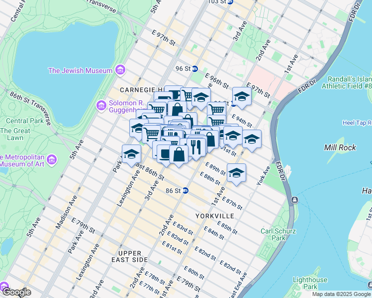 map of restaurants, bars, coffee shops, grocery stores, and more near 232 East 90th Street in New York