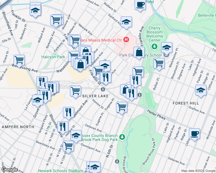 map of restaurants, bars, coffee shops, grocery stores, and more near 9 Watchung Avenue in Belleville