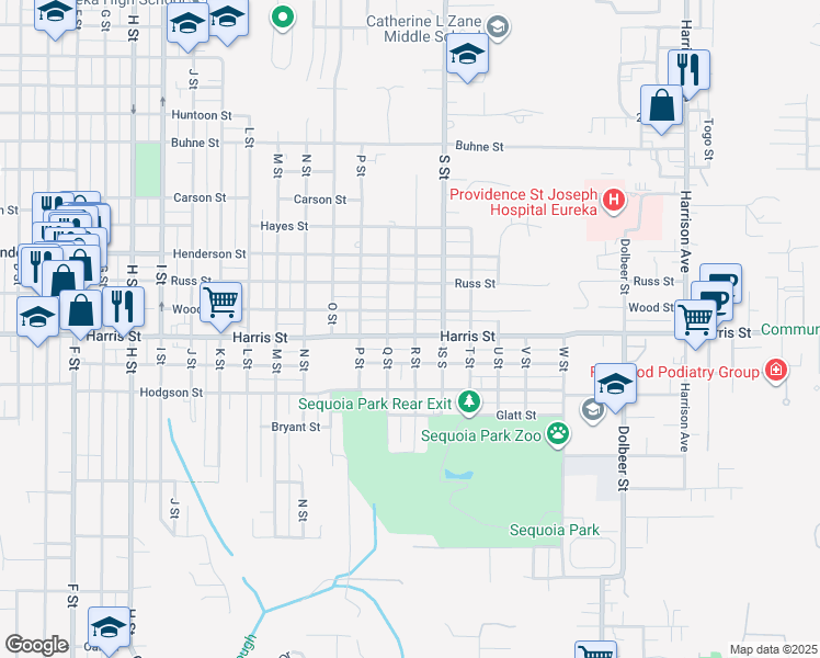 map of restaurants, bars, coffee shops, grocery stores, and more near 1625 Harris Street in Eureka