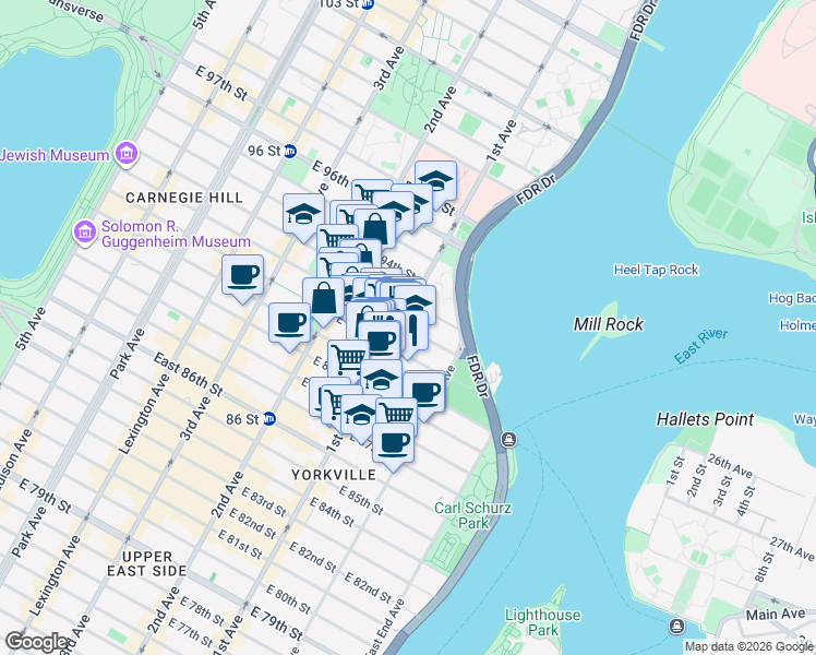 map of restaurants, bars, coffee shops, grocery stores, and more near 629 East 92nd Street in New York
