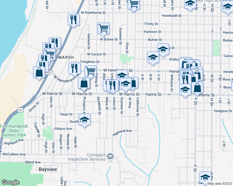 map of restaurants, bars, coffee shops, grocery stores, and more near 312 West Harris Street in Eureka