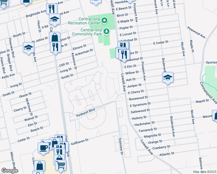 map of restaurants, bars, coffee shops, grocery stores, and more near 56 Weatherby Lane in Central Islip