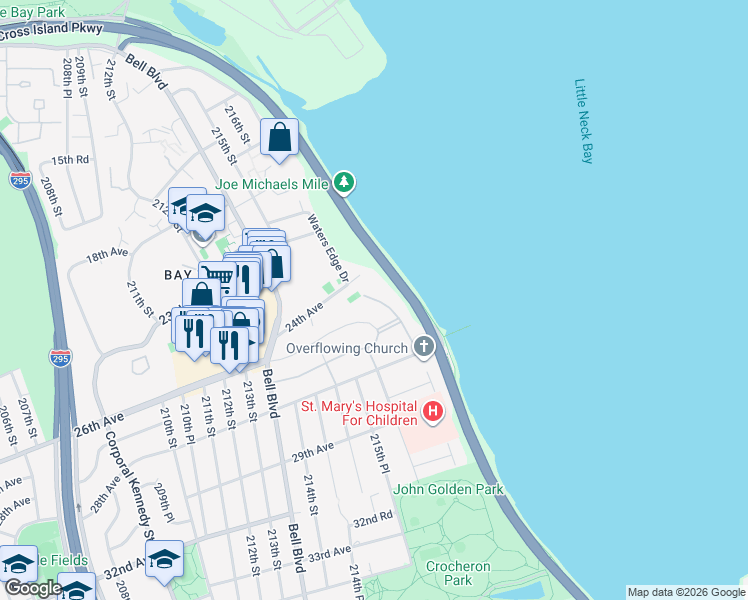 map of restaurants, bars, coffee shops, grocery stores, and more near 24-30 Little Neck Boulevard in Queens