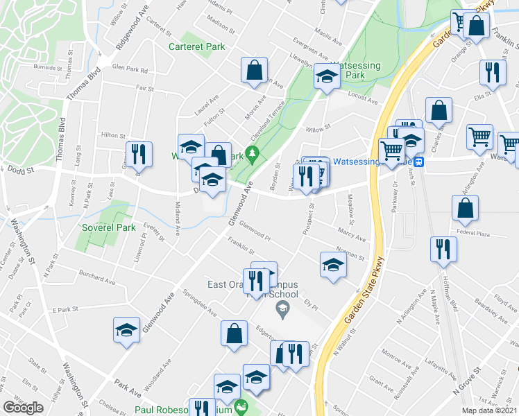 map of restaurants, bars, coffee shops, grocery stores, and more near 14 Dodd Terrace in East Orange