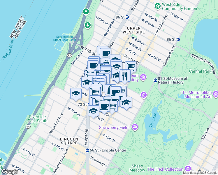 map of restaurants, bars, coffee shops, grocery stores, and more near 160 West 76th Street in New York