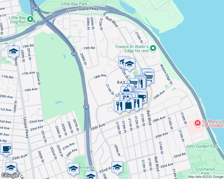 map of restaurants, bars, coffee shops, grocery stores, and more near 65 211th Street in Queens