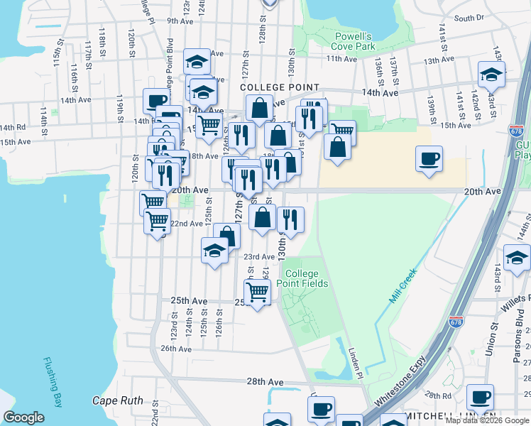 map of restaurants, bars, coffee shops, grocery stores, and more near 20-39 128th Street in Queens