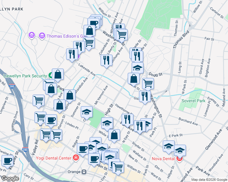 map of restaurants, bars, coffee shops, grocery stores, and more near 422 Lakeside Avenue in City of Orange