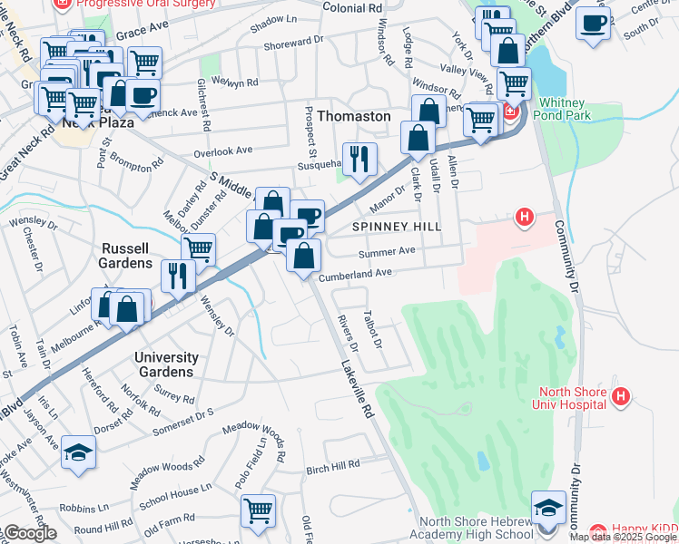 map of restaurants, bars, coffee shops, grocery stores, and more near 9 Cumberland Avenue in Great Neck
