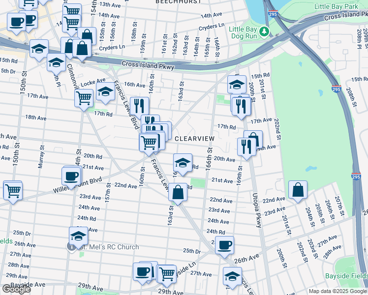 map of restaurants, bars, coffee shops, grocery stores, and more near 163-03 20th Avenue in Queens